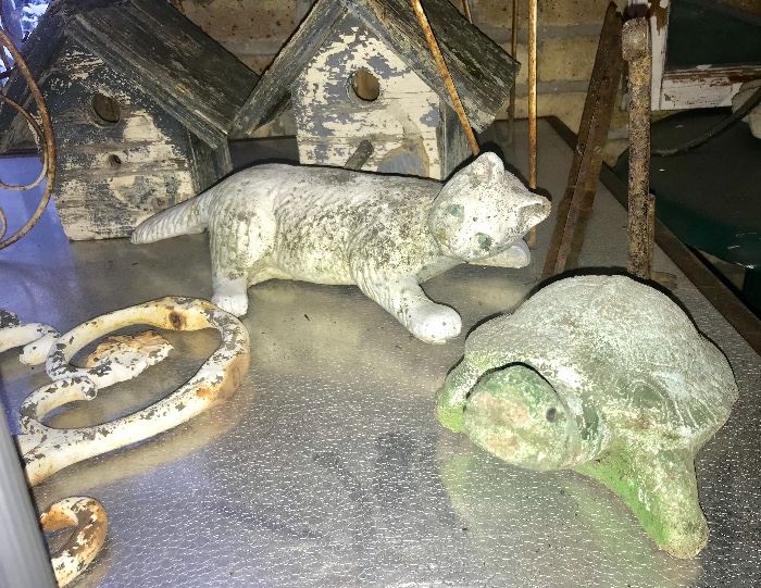  Cement cat and turtle, two small bird houses