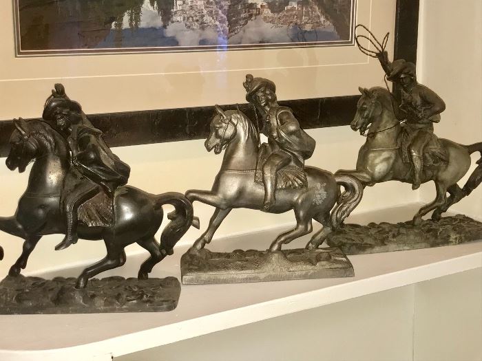 Pot metal horse and riders  figurines 