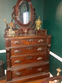 Antique, very impressive dresser with attached mirror, button/cuff link side drawers
