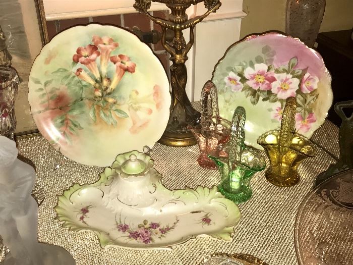 Stunning hand painted vintage Ink Well; Richly hand painted plates; little glass baskets