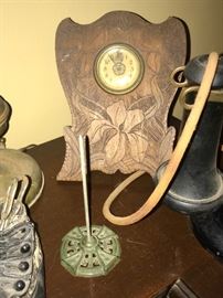Antique wood clock; receipt spike holder