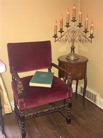 Amazing Antique Moroccan style chair, with great  detail carved arms- standing women; Antique round Tea Table   -lighted Menorah- sold   