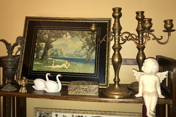 Art Deco oil painting; pair of brass candle sticks; sitting angel; pair of Swans