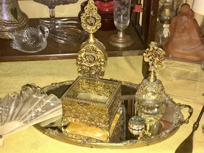 Vintage Perfume bottles, Jewelry box  and matching mirrored tray 