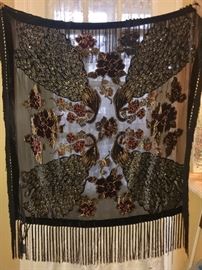 Stunning vintage large scarf - all 4 corners have beaded Peacocks stitched in