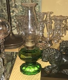 1 of 2 green glass oil lanterns 