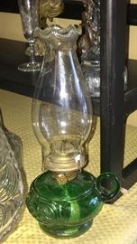 2 of 2 green glass oil lanterns 