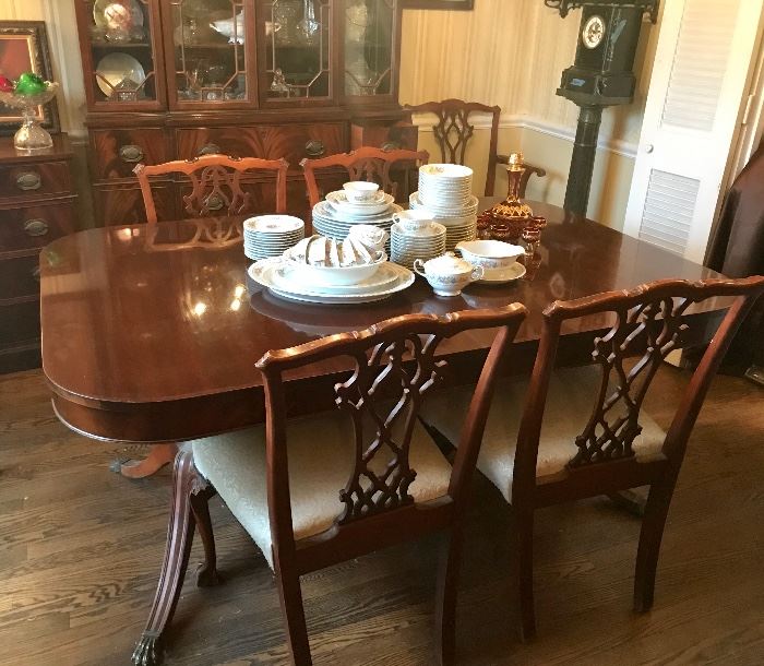 Wonderful Chippendale Style Dining room suite; table w/ 2 leaves and 6 chairs; buffet, china cabinet and server.  One of a kind!