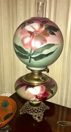 Hand painted w/ brass antique hurricane lamp