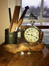 Vintage Big Ben clock, wooden shoe stretcher and vintage rulers and  eyeglasses  -clock is sold