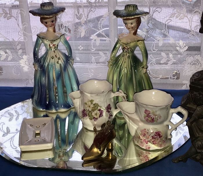 Vanity Mirror; small pitchers;  pair porcelain ladies