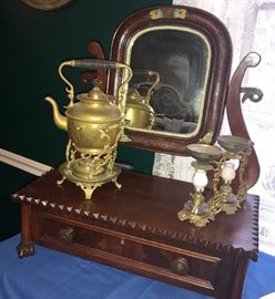 Dresser/shaving mirror-detail is beautiful and Vintage brass teapot w/stand and burner