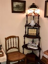 Antique Cane side chair; corner Knick-Knack shelf