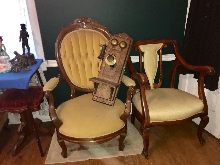 Antiques chairs; absolutely gorgeous "Mr." Victorian arm chair; Queen Anne Arm Chair and Antique Crank wall telephone