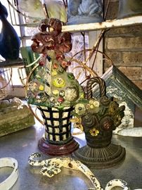 Large and Small floral baskets cast iron door stops