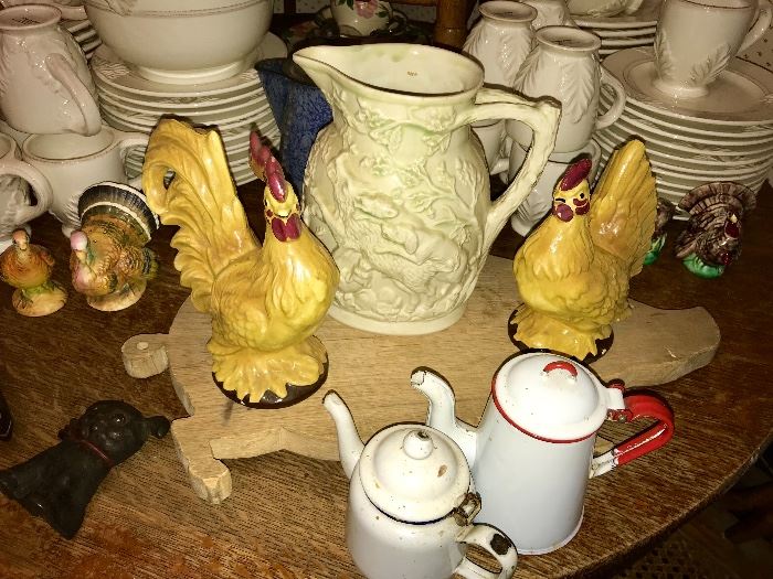 Cute Pig cutting board; antique rooster and chicken; 2 small enamel tea pots