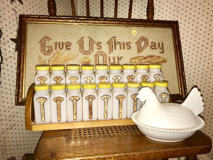 Give us this day our daily bread vintage sign and vintage spice set and rack