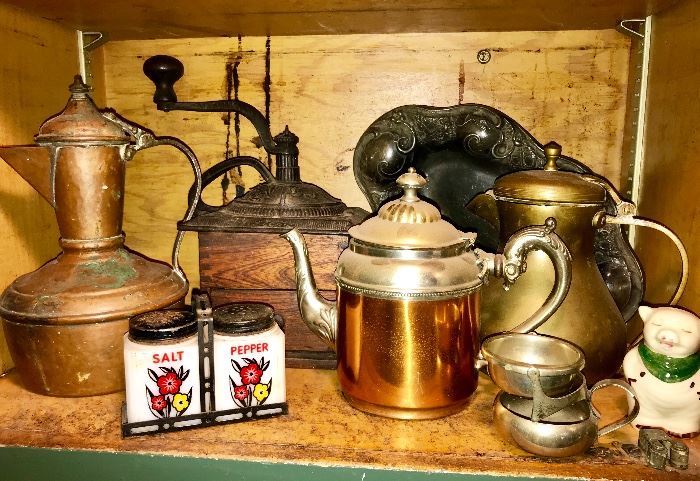 All here; Antique Coffee Grinder; Brass and copper pitchers; vintage salt and pepper set