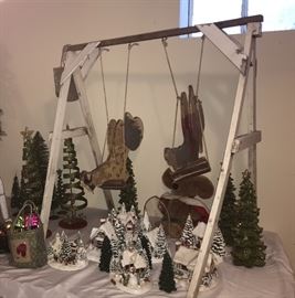 Large hand made wood swing w/ boy and girl swingers 