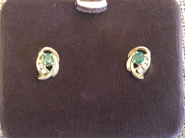 14k Gold emerald and diamond earrings