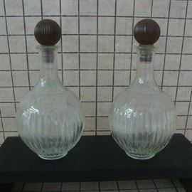 Pair Ribbed Glass Bottles with Stoppers