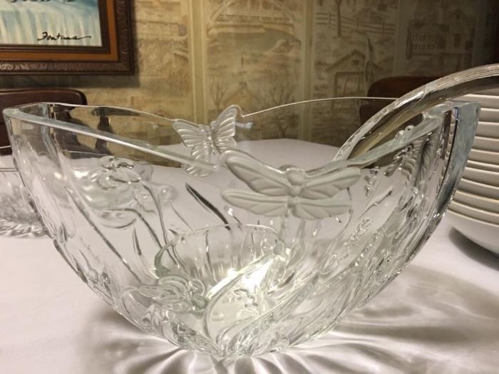 Large Collection of Crystal & Gladsware including this Gorgeous Crystal Punch Bowl with Dragonflies and Butterflies and Glass Laddel