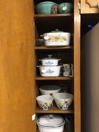 Collection of Corningware, 
Homer Laughlin (1930's) Turquoise 
   Crockery Mixing Bowls,
Set of Vintage Fire King Tulip Bowls
Collection of Vintage Pyrex
    
