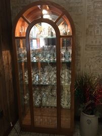Lighted Oak Arched China Cabinet 
Large Collection of Stemware