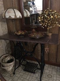 Lovely Rose Marble Topped Table with Cast Iron Sewing Machine Stand