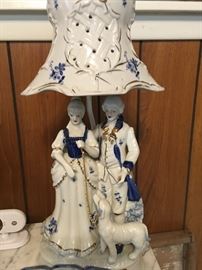 Victorian Man & Woman with Their Dog - Blue & White with Gold Detailing 