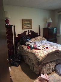 Bedroom furniture. {full-size bed, bedding , sheets comforter Antique chest on the right