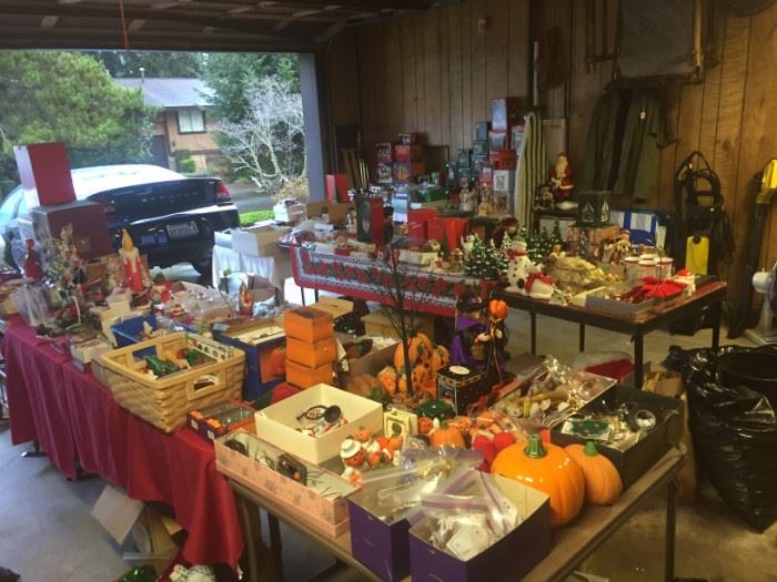 Garage filled with decorations, mainly Christmas. 