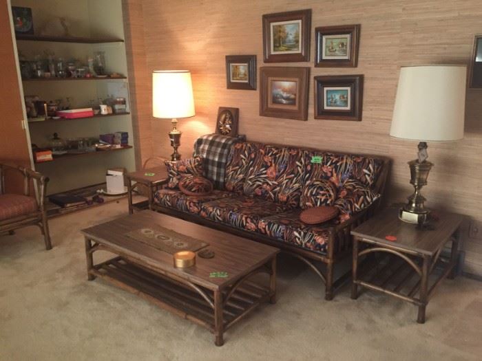 Purchased in 1970 in Honolulu. Bamboo/rattan sofa,  $175 , two end tables  ,$45.00 each, and coffee table. $65.00