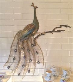 Metal & wire peacock wall piece by Jacqui of California (36"H x 36" W)