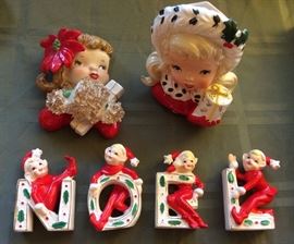 Vintage Xmas: Norcrest poinsettia girl wall pocket, Napco 1965 Xmas girl head vase, "Noel" elf set