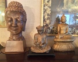 Buddha & Chinese scholar statues (plaster) - big Buddha head is 16" tall