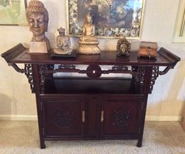 Chinese altar-style shelf is SOLD - Buddhas & other statues are available