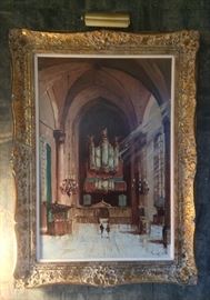 Oil painting on canvas of church interior with pipe organ (framed size 32" x 44")