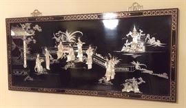 Chinese wall plaque with carved mother-of-pearl relief (22" x 48")