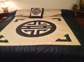 Chinese motif king size comforter & accent pillow. Not shown: other king size bedspreads, blankets & a few sheets