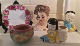 Royal Albert Old English Rose plate, Roseville Peony pot 661-3, 1963 Inarco lady head vase, pair of kitschy planters by Joan Lea Creations