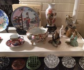 Asian ceramics including mudmen figurines, vases & more + flower frogs