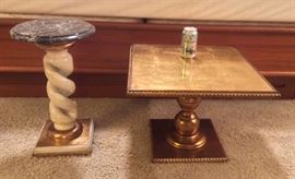 Glamorous accent tables: Florentine wisted pedestal stand with marble top (Italy), low square gilt table - soda can for scale