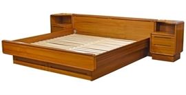 Scandinavian Modern teak king size platform bed with pair of nightstands by Sun Cabinet Furniture (nightstands are free standing)