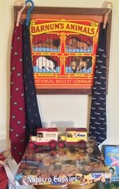 Nabisco collectibles including Ritz & Mr. Salty ties, animal crackers plaque, Ertl Nabisco trucks & cookies puzzle