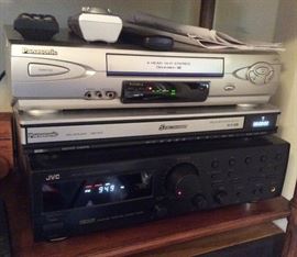 Electronics: Panasonic VCR, Panasonic 5-disc DVD/CD changer/player (DVD-F61A), JVC FM/AM receiver (RX-318BK) - all with remote. Not shown: Pair of Infinity RS9 speakers