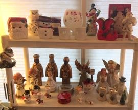 More Xmas: vintage papier-mache angels & wise men, angel music box, Lenox Santa + holly salt & pepper shakers, ceramic snowmen & more