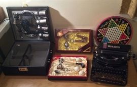 Bar accessories, vintage Monarch typewriter, Chinese checkers game