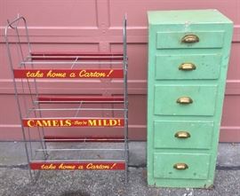 Vintage Camel cigarettes display shelf, green chest of drawers