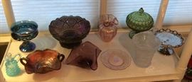 Colorful glass including Fenton Captive Rose carnival glass bowl with handles, blue hobnail cruet, frosted Czech vase & more